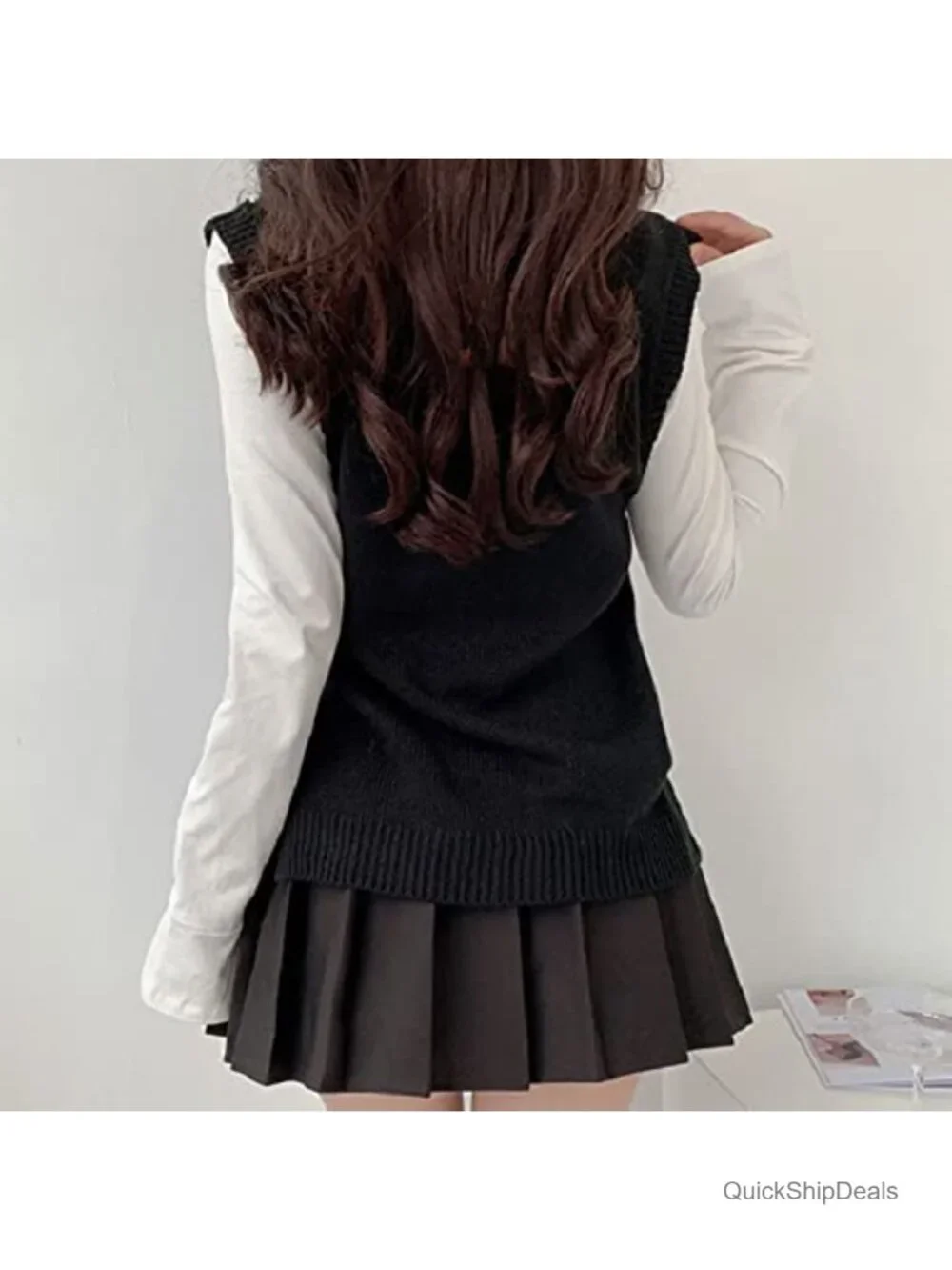 Sleeveless V Neck Argyle Plaid Knitted Sweater Vest Loose Preppy Casual
